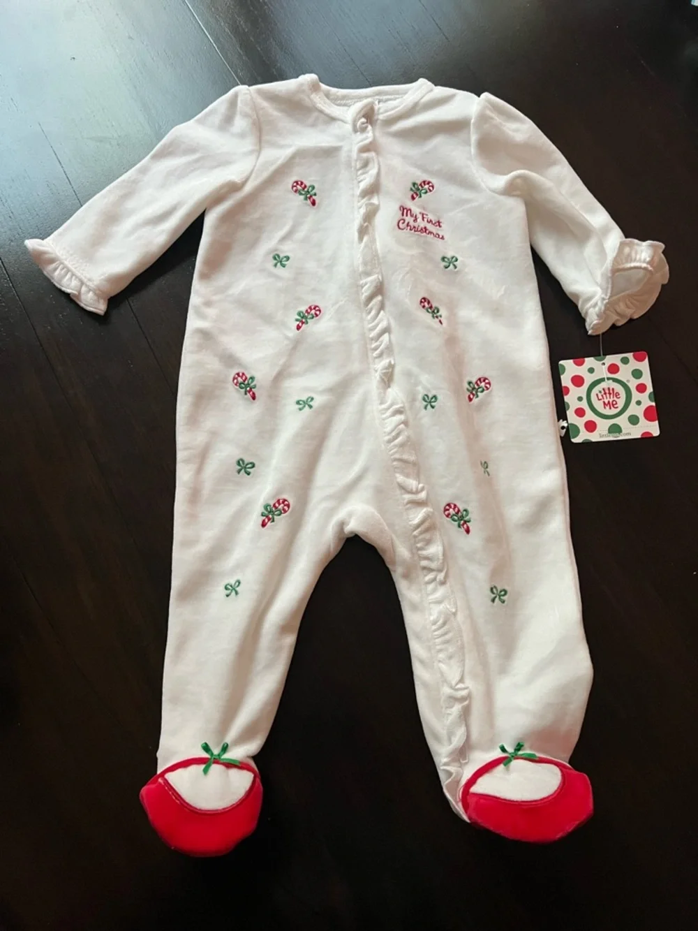 New - Little Me White & Red Holiday Velour Footed One-Piece